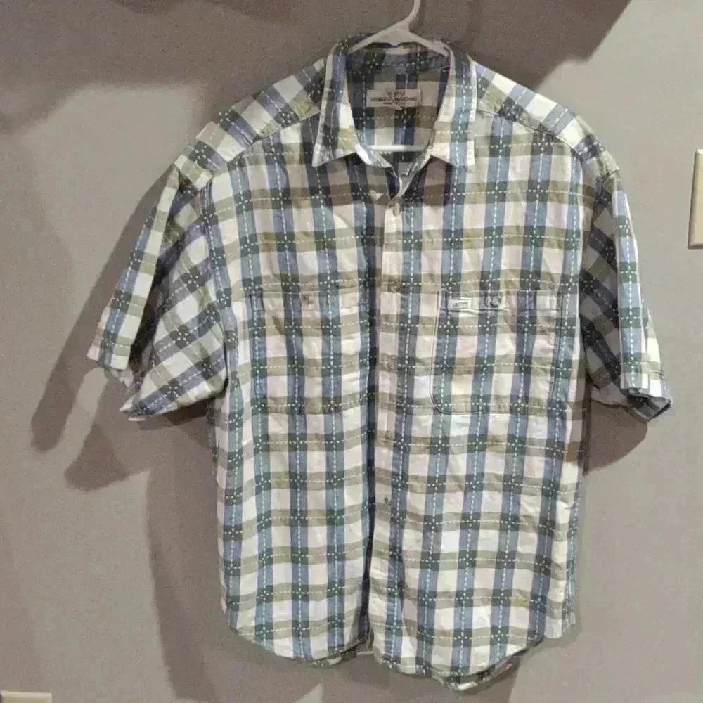Vintage Guess by Marciano men's medium cream/blue/green short sleeve button down